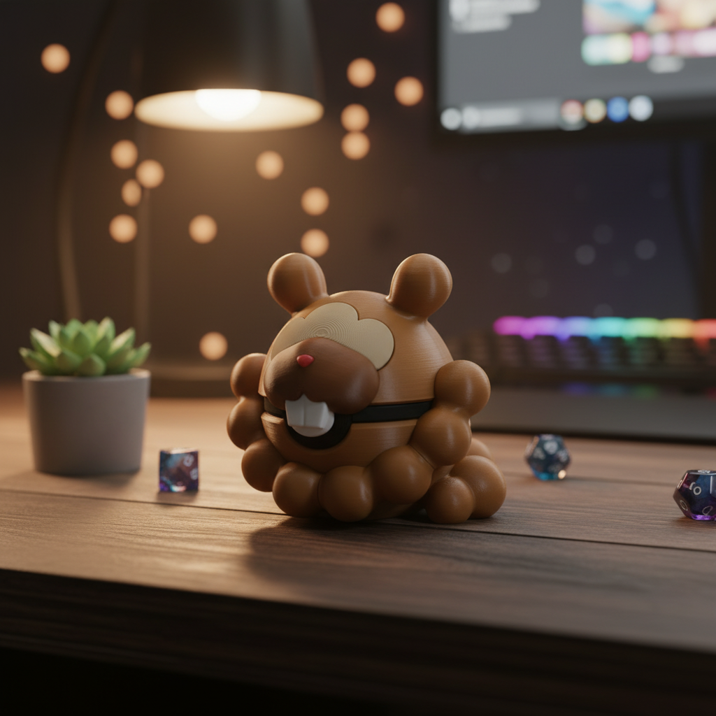 3D Printed Bidoof Figurine – Cozy Gamer Desk Scene
